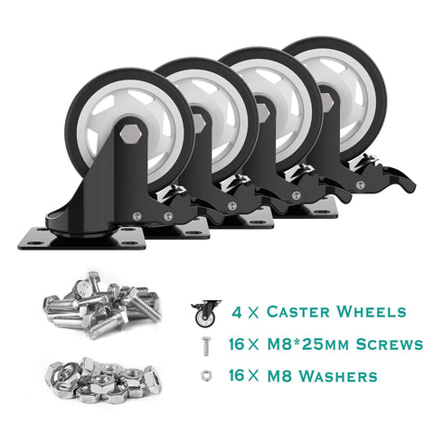 4 Inch Swivel Caster Wheels With Safety Total Lock And 360 Degree Rotation, Heavy Duty Plate Casters Set Of 4, screws, washers shown