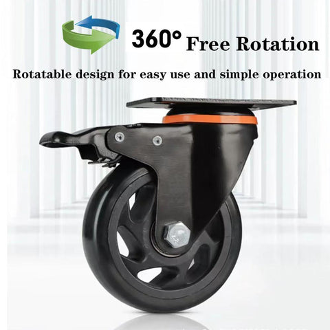 4 Inch Swivel Caster Wheels Set Of 6 With Brakes Heavy Duty Polyurethane Locking Casters For Cart Workbench And Trolley Load Capacity 2400 Lbs Non Marking Quiet Wheels For Flooring Durable Steel Plate shown from side angle