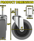 Product dimension diagram of 4 Inch Swivel Stem Caster Wheels, showing 7/16 Inch stem, TPR rubber, side and front views.