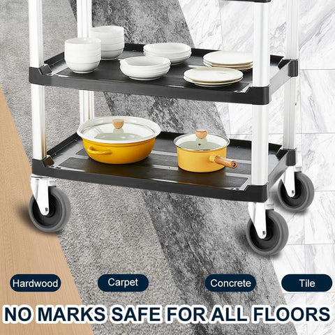 4 Pack 4-Inch Swivel Stem Casters With 7/16-Inch Stem Diameter Rubber Wheels installed on kitchen cart with cookware.