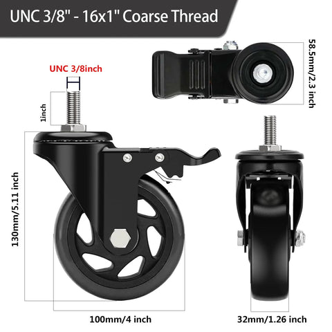 Front, side, and top views of 4 Inch Swivel Threaded Stem Caster Wheels Set Of 4 Heavy Duty 2000 Lb Capacity Locking Casters UNC 3/8-16 X 1 Inch Stem Size For Workbenches Carts And Furniture Durable Mobility For Heavy Loads, showing measurement details.