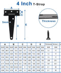 Dimensions and details of Six Pack 4 Inch T Strap Hinges Black Outdoor Gate Hinges with chart.