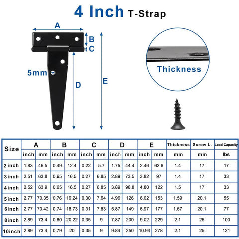 Dimensions and details of Six Pack 4 Inch T Strap Hinges Black Outdoor Gate Hinges with chart.