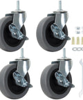 4 Inch Stem Casters With Imperial 5/16-18 x 1 Inch Thread Heavy Duty TPR Wheels Quiet Castors With Side Brakes Pack Of 4