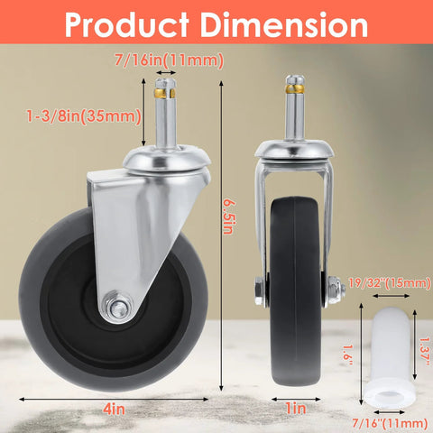 4 Inch Stem Caster Wheels Set Of 4 Heavy Duty TPR Replacement Casters for Utility Carts showing side view, dimensions, and socket.