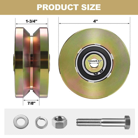 4" Heavy Duty Sliding Gate Rollers Wheels 2 Sets V Groove Slide Wheel Solid 4" Dia 1-3/4" Width Double Bearing 3000 Lbs Capacity with Screws