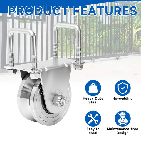 ✝️ 2 Pack 4" V-Groove Slide Gate Wheel Kit, Heavy Duty Steel Dual Bearing Bolted External Mount Bracket with Screws, 3000 LBS