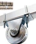 Close-up of 2 Pack 4" V-Groove Slide Gate Wheel Kit, Heavy Duty Steel Dual Bearing Bolted External Mount Bracket for sliding gates