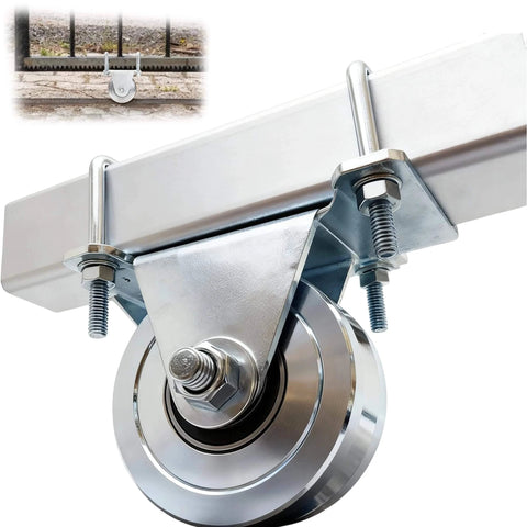 Close-up of 2 Pack 4" V-Groove Slide Gate Wheel Kit, Heavy Duty Steel Dual Bearing Bolted External Mount Bracket for sliding gates
