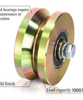 Two Pack Four Inch Solid Slide V Groove Wheels With Heavy Duty Sliding Gate Casters For Industrial Rails And Machinery One And Three Quarter Inch Width Gate Wheels With Screws And Double Bearings Corrosion Resistant Load Capacity Up To 1000 Lbs with gold finish and sealed bearings