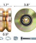 Two Pack Four Inch Solid Slide V Groove Wheels With Heavy Duty Sliding Gate Casters For Industrial Rails And Machinery One And Three Quarter Inch Width Gate Wheels With Screws And Double Bearings Corrosion Resistant Load Capacity Up To 1000 Lbs, side and front view with washers, bolt, and nut