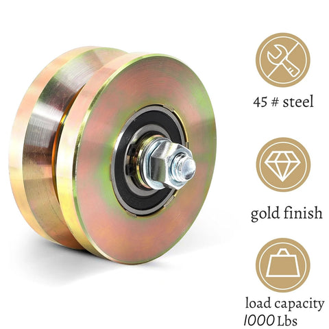 Two Pack Four Inch Solid Slide V Groove Wheels With Heavy Duty Sliding Gate Casters For Industrial Rails And Machinery One And Three Quarter Inch Width Gate Wheels With Screws And Double Bearings Corrosion Resistant Load Capacity Up To 1000 Lbs