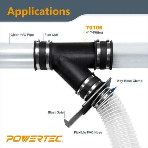 Efficient 4 Inch Y Fitting For Dust Collection Systems That Splits A Single 4 Inch Hose Into Two Lines, Crafted From Durable ABS Plastic