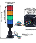 Industrial LED Signal Tower Stack Lights with Rotatable Base 4 Layer Warning LEDs and 90dB Buzzer 110V 220V AC shown with dimensions