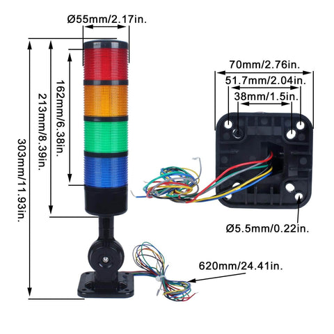 Industrial LED Signal Tower Stack Lights with Rotatable Base 4 Layer Warning LEDs and 90dB Buzzer 110V 220V AC shown with dimensions