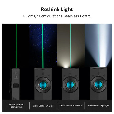 OLIGHT ArkPro EDC Flat Flashlight delivers 1500 lumen flood and 800 lumen spot for versatile outdoor lighting, plus built in UV and green signaling, USB-C recharge, compact one handed design, ideal for camping, emergencies, and daily carry. Front view showing light modes.