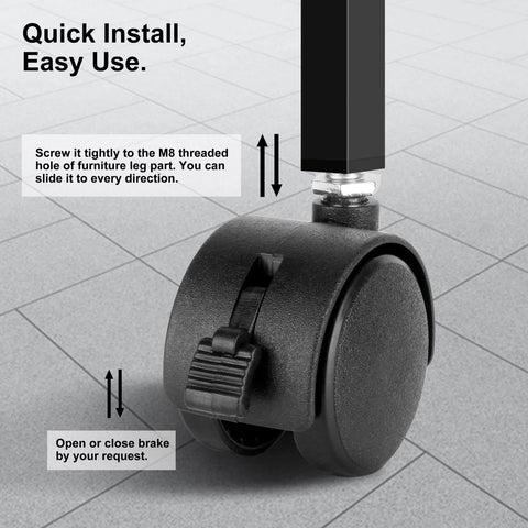 4 Pack 1.5" Swivel Stem Caster Wheels - Replacement Furniture Casters with Locking Brake, Metric M8 Threaded Stem, for Table, Drawer, Plant Shelf, Metal Rack, Laundry Basket