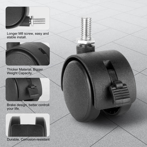 4 Pack 1.5" Swivel Stem Caster Wheels - Replacement Furniture Casters with Locking Brake, Metric M8 Threaded Stem, for Table, Drawer, Plant Shelf, Metal Rack, Laundry Basket