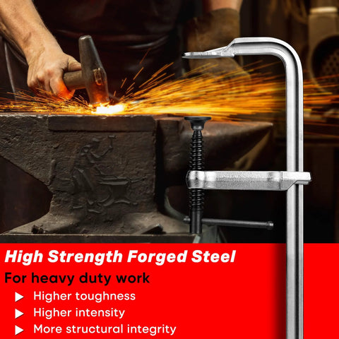 4 Pack 12 Inch Bar Clamps Set With Drop Forged Steel Construction 3 Inch Throat Depth And 450 Lbs Load Capacity shown next to welding work