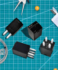 Beefy 12V DC SPNO Relay 20A High Temperature Up To 125C For Automotive And Off Road Fans Four Pack shown on grid background