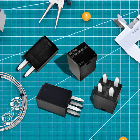 Beefy 12V DC SPNO Relay 20A High Temperature Up To 125C For Automotive And Off Road Fans Four Pack shown on grid background