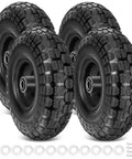 4.00-6 Flat Free Tire and Wheel Set, 13 Inch Solid Tires 4 Pack with 5/8 Inch Axle Bore, heavy duty black solid wheels.