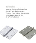 4 Pack Four And One Half Inch Ball Bearing Door Hinges With Prime Coat shown with specifications, corrosion resistant steel