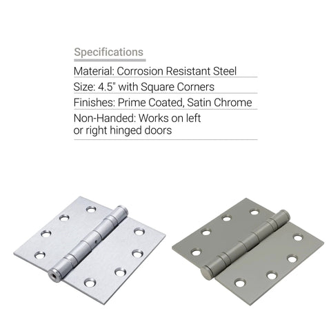 4 Pack Four And One Half Inch Ball Bearing Door Hinges With Prime Coat shown with specifications, corrosion resistant steel