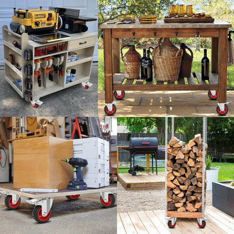 5 Inch Swivel Caster Wheels Set of 4 on various carts and workbenches showcasing safety dual locking brakes and smooth rolling.