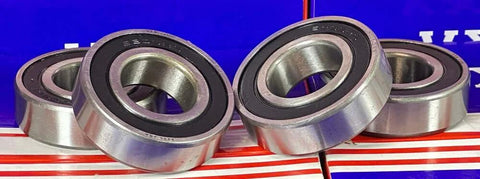 4-Pack 6205-2RS Ball Bearings Rubber Sealed 6205RS on display, chrome steel with rubber seal, deep groove design