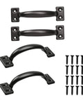 4 Pack 6 Inch Bow Door Handles Matte Black Vintage Rustic Pulls For Barn Doors Sheds Cabinets Gates And Outdoor Fences Durable Cold Rolled Steel Rustproof Hardware, shown with screws