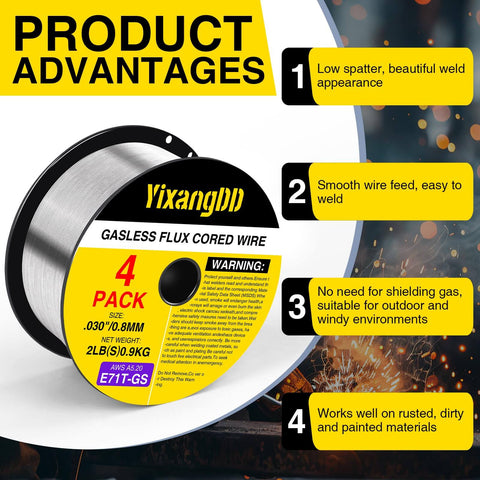 Image showcasing Four Pack 0.030 Flux Core Welding Wire E71T-GS Gasless Mild Carbon Steel MIG Wire 2 Pound Spool with key features.