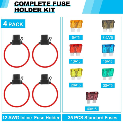 4 Pack 12AWG Inline Fuse Holders Waterproof Marine Grade Fuse Kit With 35 Standard Fuses Including Five Each Of 5A 7.5A 10A 15A 20A 30A 40A