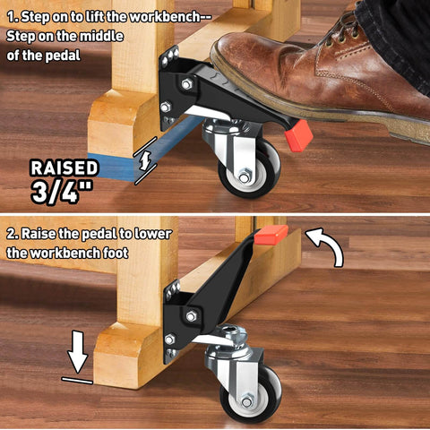 4-Pack Retractable Workbench Casters Kit - Heavy Duty 660 lbs Bench Caster Wheels installation instructions with raised and lowered views.
