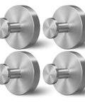 Four stainless steel wall hooks in a set, featuring a brushed finish and circular design.