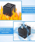 4 Pack 5 Pin 40A Waterproof 12V Car Relays with PA66 Housing, highlighting heat resistance and arc erosion resistance features.