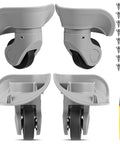 4 Pcs Large Gray Luggage Wheels Replacement Kit with Left and Right Swivel Casters Featuring Mute Bearings, screws, and screwdriver.