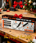 4-Piece telescoping magnetic pickup tool set displayed on workshop table, ideal for effortlessly retrieving metal parts in tight spots.
