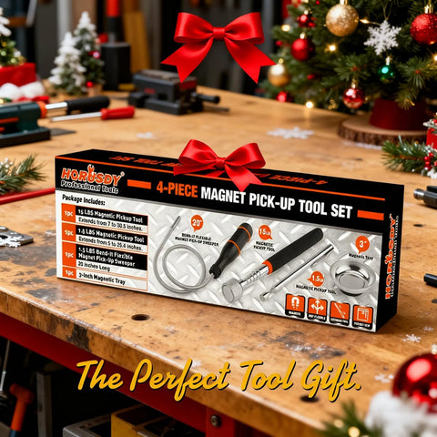 4-Piece telescoping magnetic pickup tool set displayed on workshop table, ideal for effortlessly retrieving metal parts in tight spots.