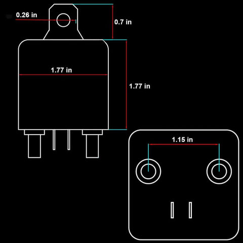 Diagram of Beefy 120A 12V Continuous Duty SPST 4 Pin High Power Automotive Relay for trucks, RVs, boats. Dimensions labeled.