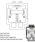 Diagram and image of a 12V 30A Fuse Relay Switch Kit with 4 Pin SPST Relay and Built In 30A Blade Fuse, beefed up 14 AWG wires.