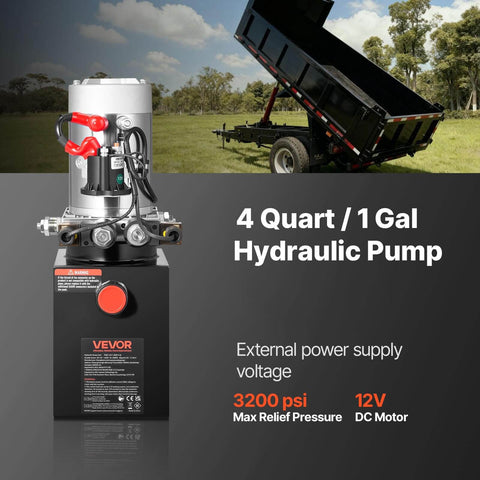 4 Quart DC 12V Hydraulic Power Unit for Dump Trailers With Double Acting Pump, 3200 PSI Max Relief Pressure, 0.91 GPM Flow