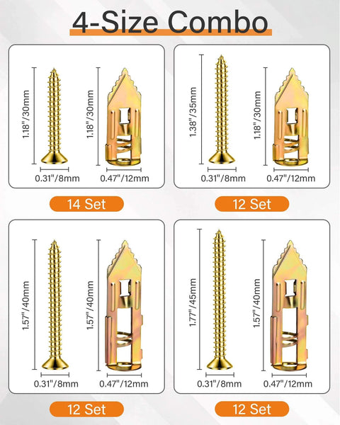 4-size combo of 100 pcs self drilling drywall anchors and screws kit with 4 size metal expansion anchors made from zinc plated manganese steel