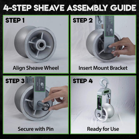 4-step assembly guide for 6" Diameter, Cable Puller Sheave, Hook, Wire, Rope | Capacity 6500lb | Compatible with Greenlee Pullers 640,6801,6001 | Staten Tools