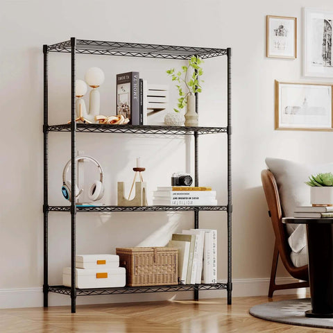 4 Tier Wire Shelving Unit 36x14x54 Black Adjustable Racks Holds 1000 Lbs No Tool Assembly Ideal For Home Garage in a living room setting