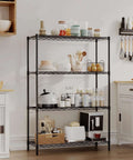 Kitchen scene with 4 Tier Wire Shelving Unit 36x14x54 Black Adjustable Racks Holds 1000 Lbs No Tool Assembly, stocked with kitchen items.