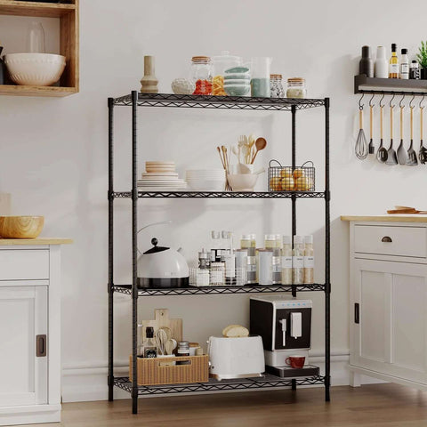 Kitchen scene with 4 Tier Wire Shelving Unit 36x14x54 Black Adjustable Racks Holds 1000 Lbs No Tool Assembly, stocked with kitchen items.