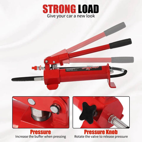 4 Ton Porta Power Hydraulic Hand Pump Jack Ram with Pressure Guage Hose shown in red, featuring pressure knob and lever details