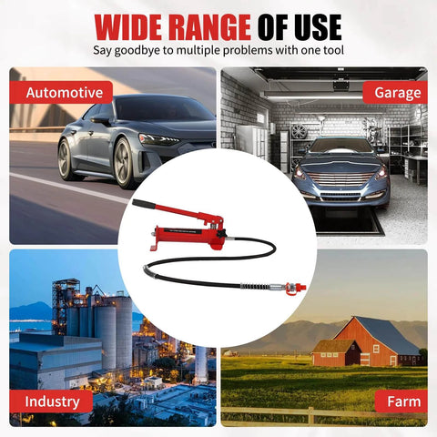 Infographic showing 4 Ton Porta Power Hydraulic Hand Pump Jack Ram with Pressure Guage Hose for automotive, garage, industry, and farm use.