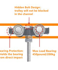Four Wheel Silent Trolley Rollers Assembly For Unistrut Channel With Hidden Bolt Design Compatible With One And Five Eighths Inch Wide And Taller Strut Channels Black Finish Pack Of Two Designed For Smooth Quiet Operation On Warehouse Racking And, showing bearing protection and max load info